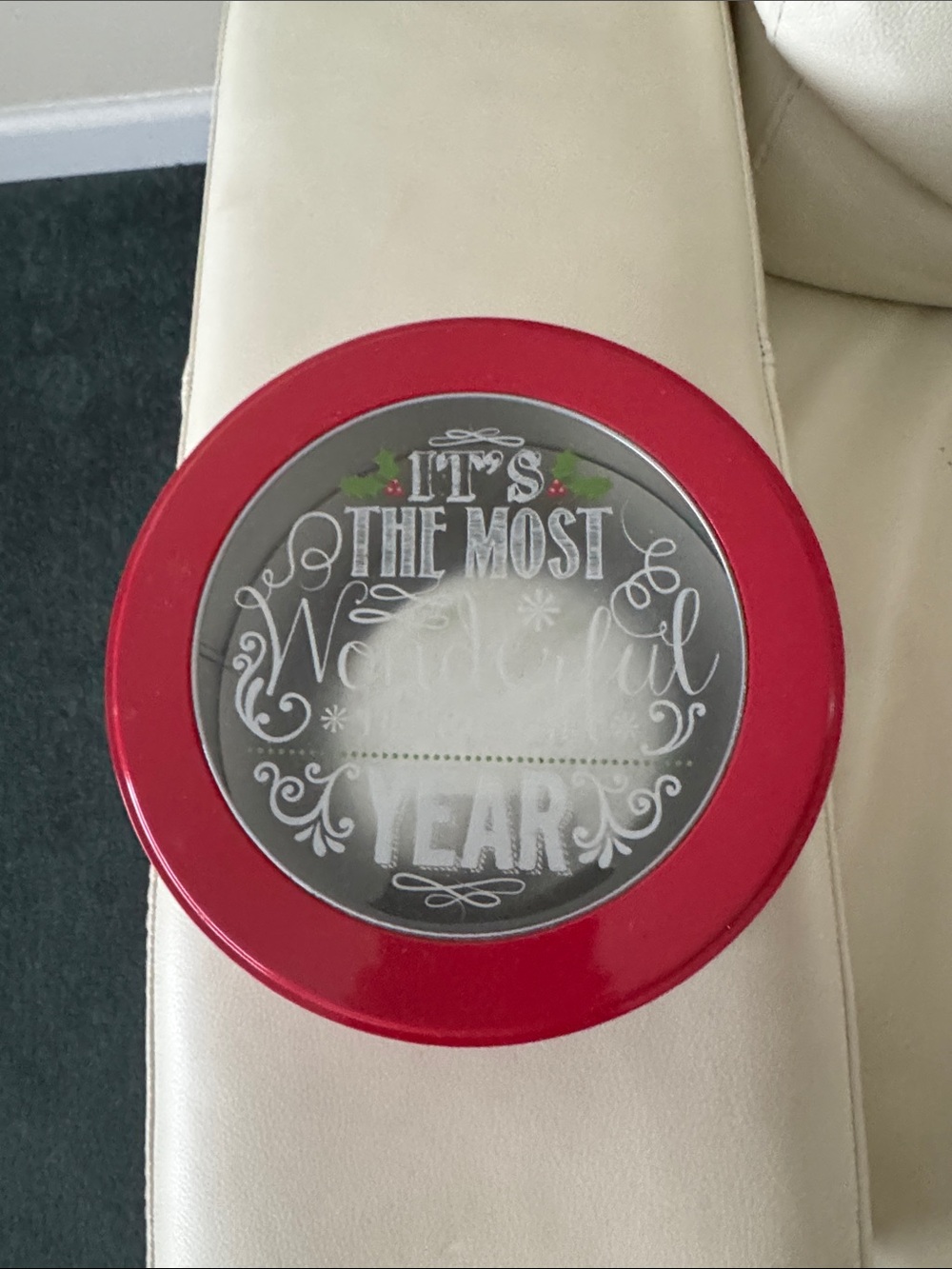 Red Holiday Tin with 'It's The Most Wonderful Year' Window Lid